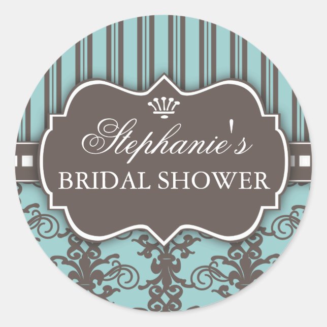 Chic Damask & Stripe Bridal Shower Favor Sticker (Front)