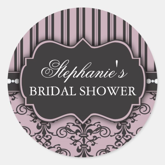 Chic Damask & Stripe Bridal Shower Favor Sticker (Front)