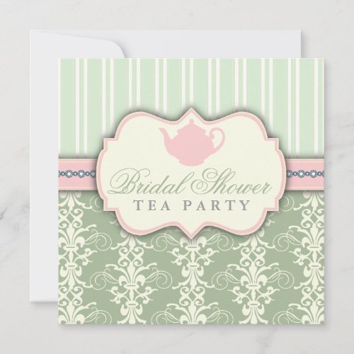 Chic Damask  Stripe Bridal Shower Tea Invitation