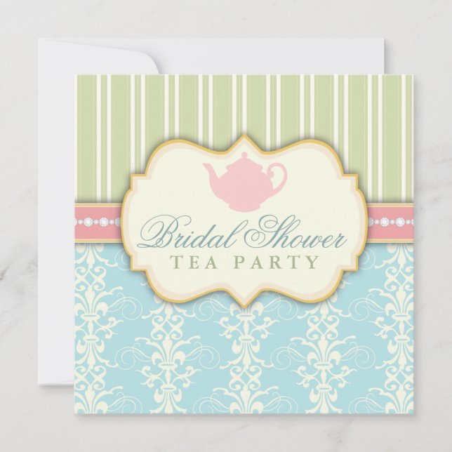 Chic Damask & Stripe Bridal Shower Tea Invitation (Front)