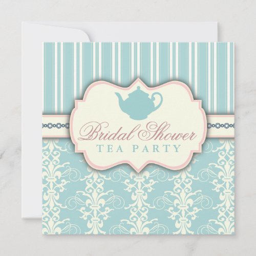 Chic Damask &amp; Stripe Bridal Shower Tea Invitation