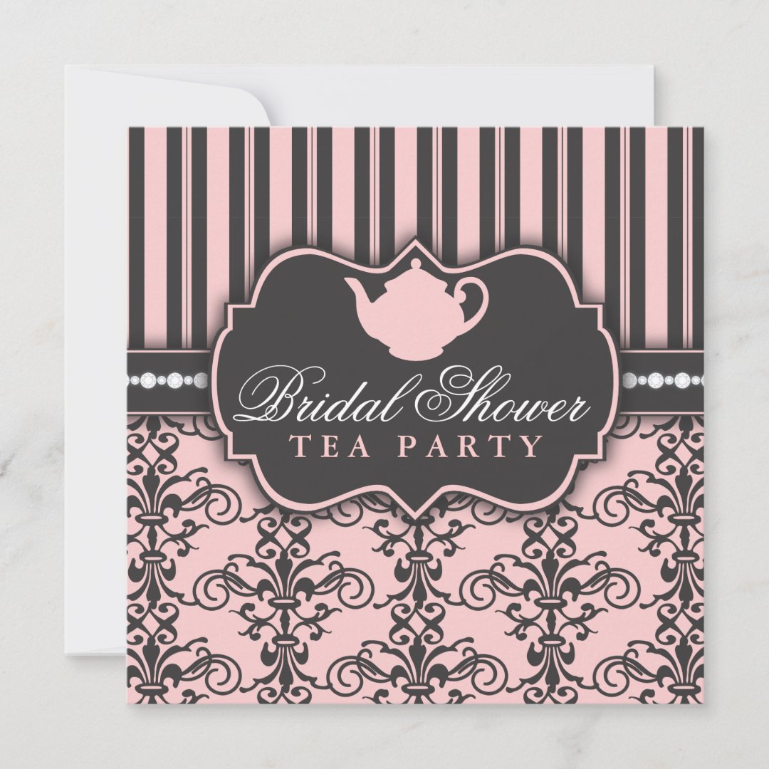 Chic Damask And Stripe Bridal Shower Tea Invitation Zazzle