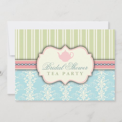 Chic Damask &amp; Stripe Bridal Shower Tea Invitation