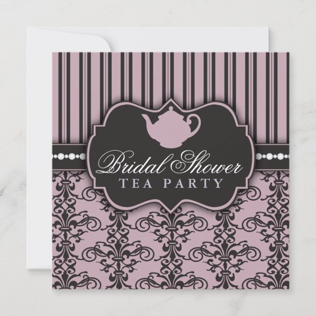 Chic Damask & Stripe Bridal Shower Tea Invitation (Front)