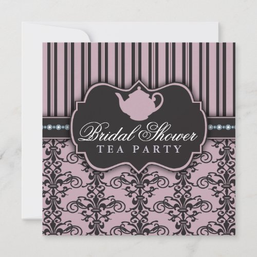 Chic Damask &amp; Stripe Bridal Shower Tea Invitation