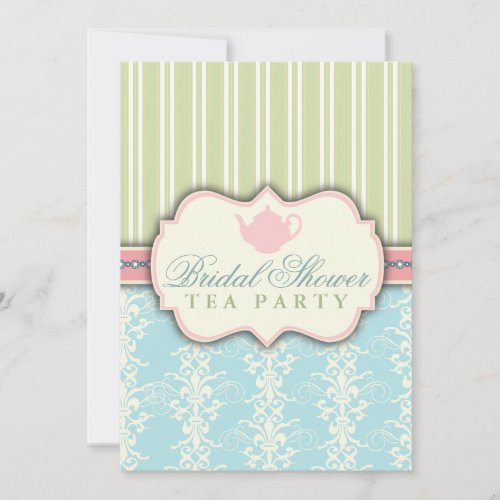 Chic Damask &amp; Stripe Bridal Shower Tea Invitation