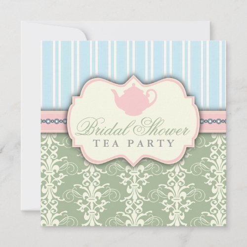 Chic Damask &amp; Stripe Bridal Shower Tea Invitation