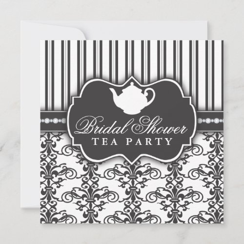 Chic Damask &amp; Stripe Bridal Shower Tea Invitation