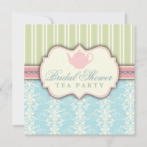 Chic Damask &amp; Stripe Bridal Shower Tea Invitation