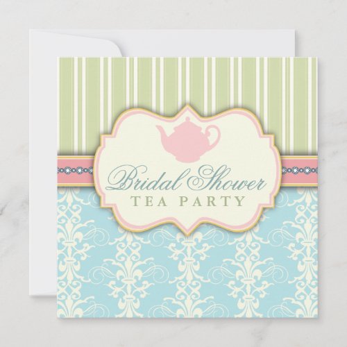 Chic Damask &amp; Stripe Bridal Shower Tea Invitation