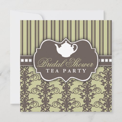 Chic Damask &amp; Stripe Bridal Shower Tea Invitation