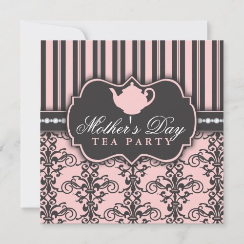 Chic Damask &amp; Stripe Mother's Day Tea Invitation