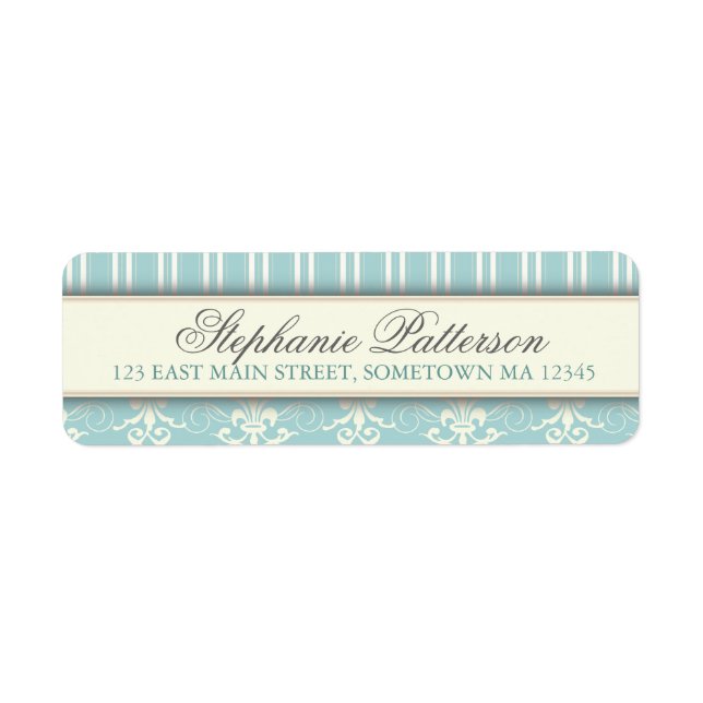 Chic Damask & Stripe Return Address Label | Teal (Front)