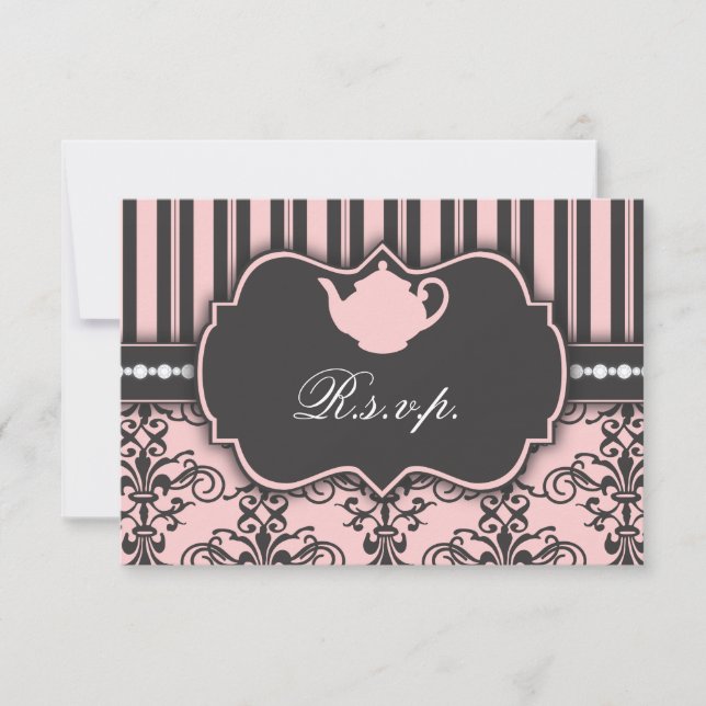 Chic Damask & Stripe Tea Party RSVP Response Card (Front)
