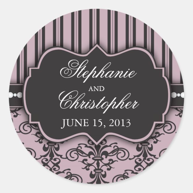 Chic Damask & Stripe Wedding Favor Sticker (Front)