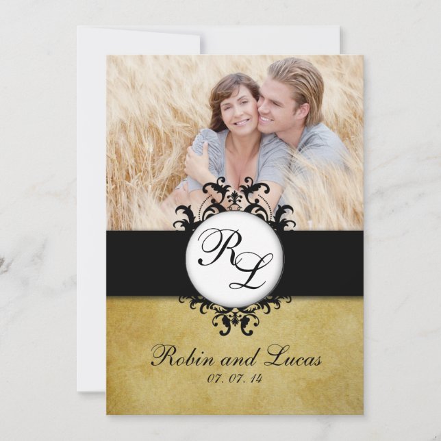 Chic Damask Vintage Monogram Wedding Photo Invitation (Front)
