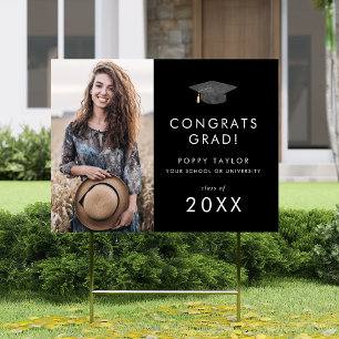 Chic Dark Black Cap Grad Photo Graduation Yard Sign