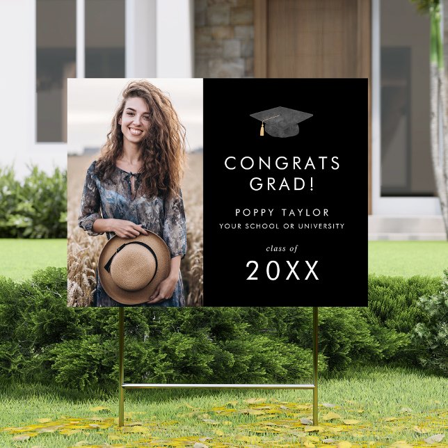 Chic Dark Black Cap Grad Photo Graduation Yard Sign (Creator Uploaded)