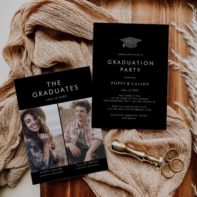 Chic Dark Black Cap Photo Double Graduation Party Invitation (Creator Uploaded)