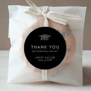 Chic Dark Black Cap Thank You Graduation Favor Classic Round Sticker