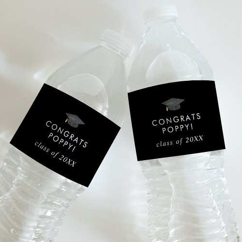 Chic Dark Black Congrats Grad Cap Name Graduation Water Bottle Label