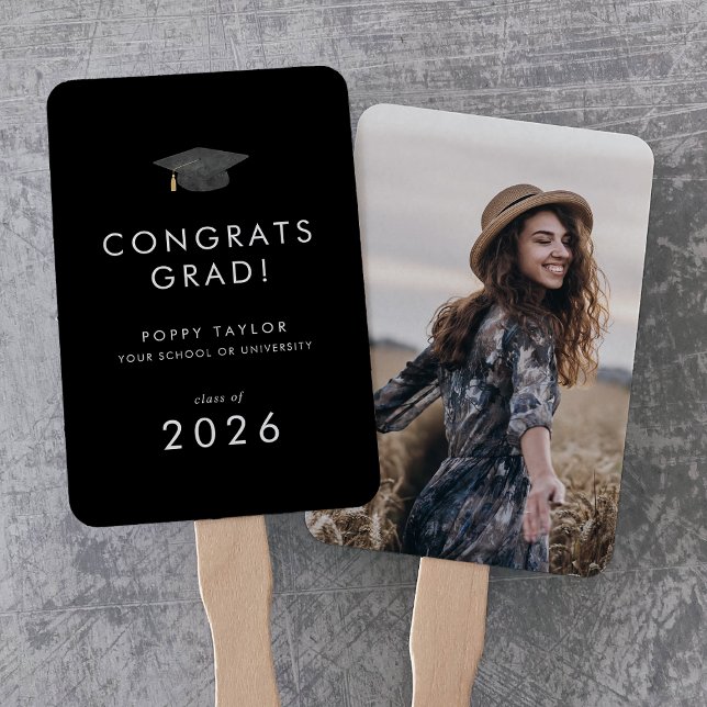 Chic Dark Black Congrats Grad Cap Photo Graduation Hand Fan (Chic Dark Black Congrats Grad Cap Photo Graduation Hand Fan)