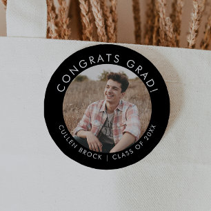 Chic Dark Black Congrats Grad Photo Graduation Button