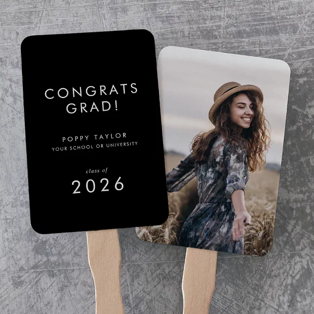 Chic Dark Black Congrats Grad Photo Graduation Hand Fan | Zazzle