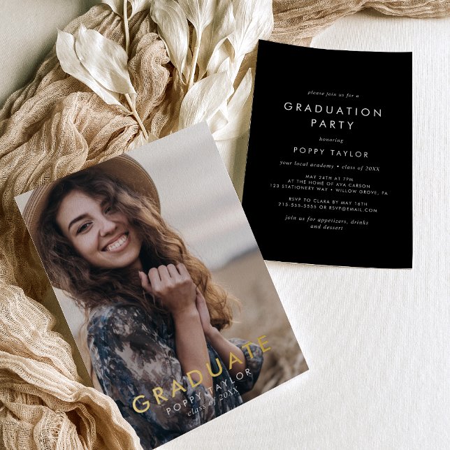 Chic Dark Black Gold Foil Photo Graduation Party Foil Invitation (Creator Uploaded)