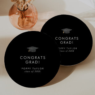 Chic Dark Black Grad Cap Congrats Grad Graduation Paper Plates