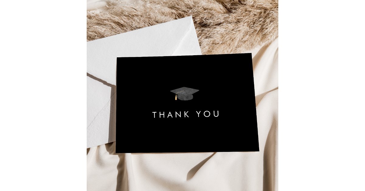 Chic Dark Black Grad Cap Graduation Thank You Card | Zazzle