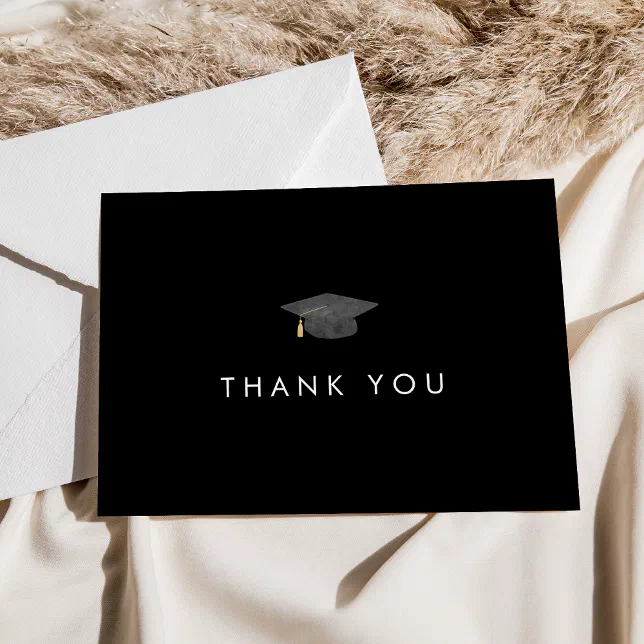 Chic Dark Black Grad Cap Graduation Thank You Card | Zazzle