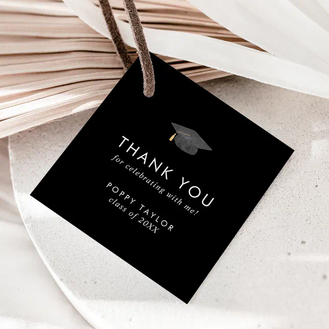 Chic Dark Black Grad Cap Thank You Graduation Favor Tags | Zazzle