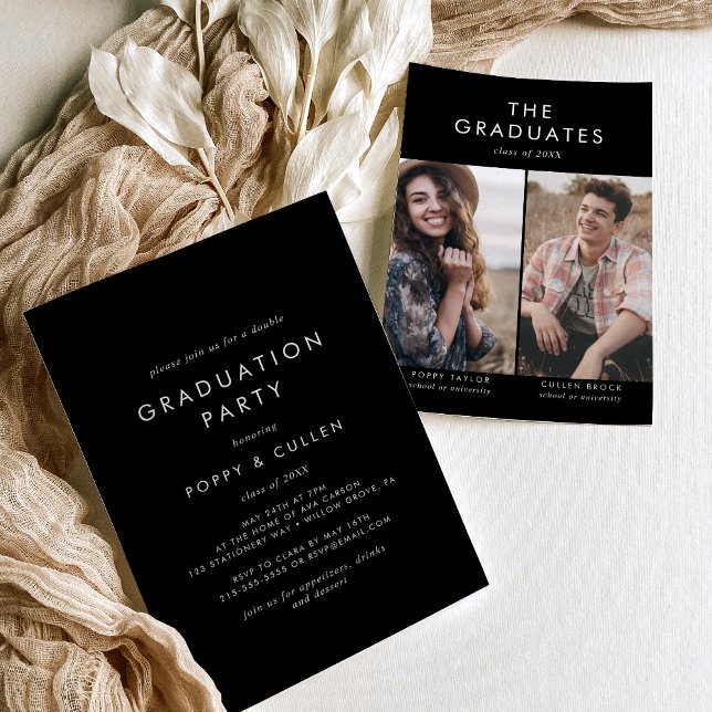 Chic Dark Black Photo Double Graduation Party Invitation (Creator Uploaded)