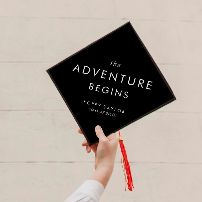 Chic Dark Black The Adventure Begins Graduation Cap Topper (Creator Uploaded)