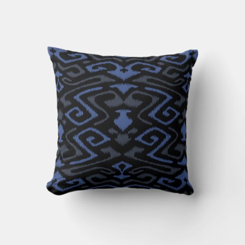 Chic dark blue and black tribal ikat print throw pillow