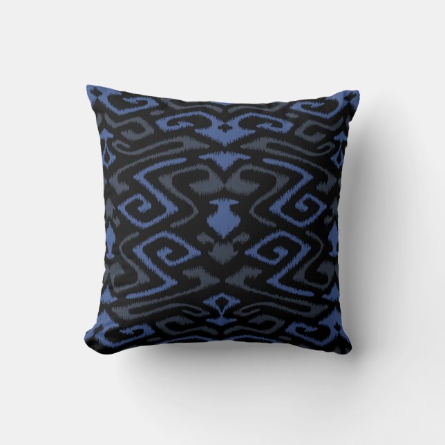 Chic dark blue and black tribal ikat print throw pillow (Front)