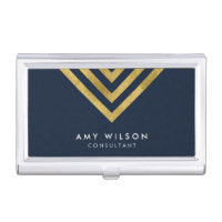 Chic Dark Blue and Faux Gold Geometric Business Card Case
