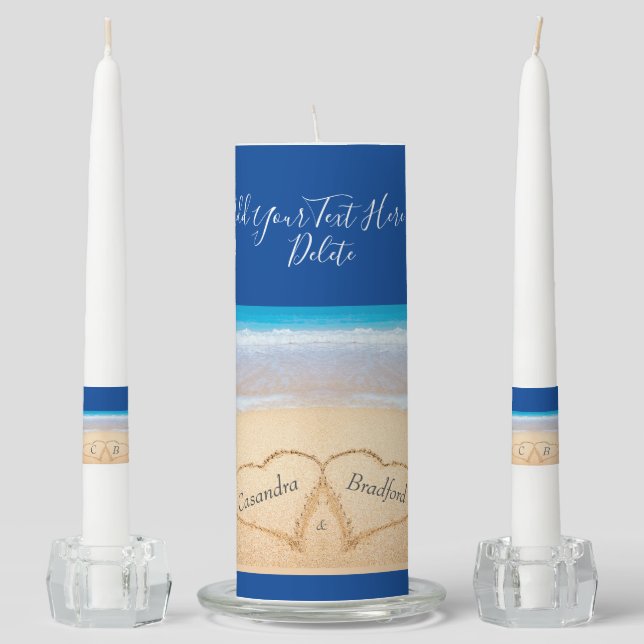 Chic Dark Blue Beach Wedding 2 Hearts in the Sand  Unity Candle Set (Front)
