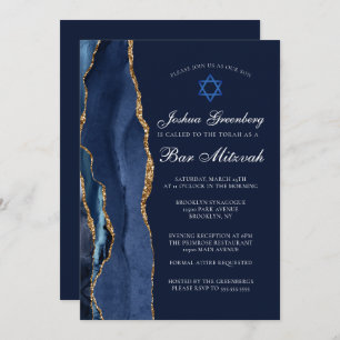 Chic Dark Blue Gold Agate Bar Mitzvah Party Invitation