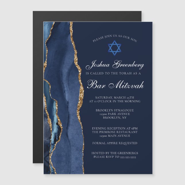 Chic Dark Blue Gold Agate Bar Mitzvah Party Magnetic Invitation (Front/Back)