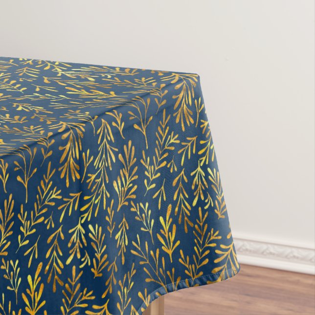 Chic Dark Blue Gold Leaf Fall Autumn Pattern Tablecloth (In Situ)
