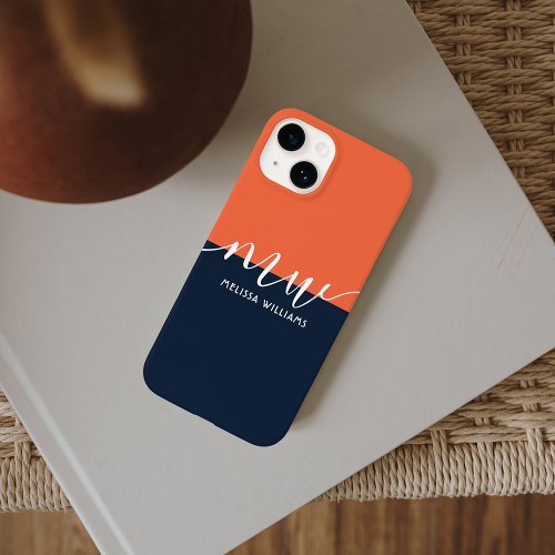 Chic Dark Blue  Orange Minimalist Script Monogram Case_Mate iPhone 14 Case