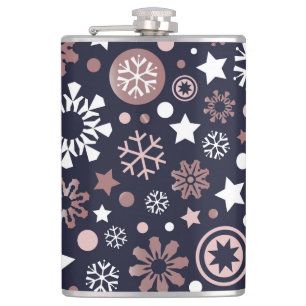 Chic dark blue, pink gold metallic snowflakes flask