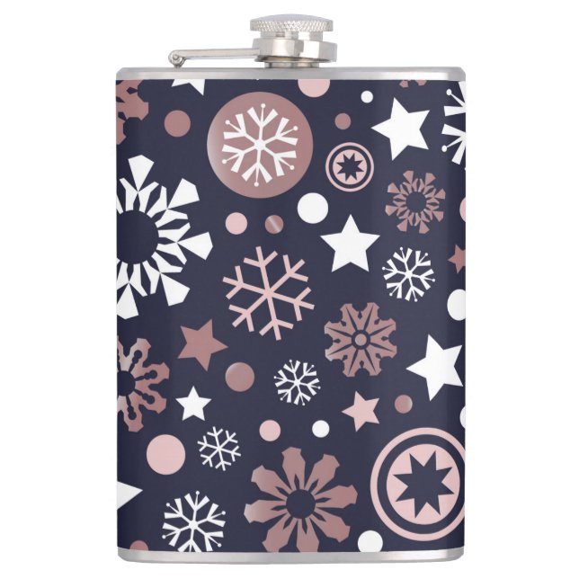 Chic dark blue, pink gold metallic snowflakes flask (Front)
