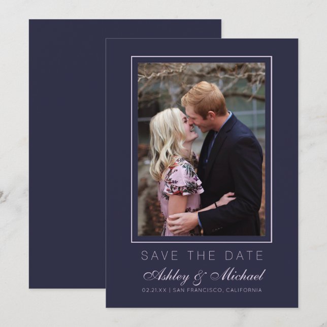 Chic Dark Blue Pink Photo Wedding Save The Date Invitation (Front/Back)
