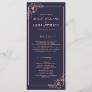 Chic Dark Blue Rose Gold Floral Outline Wedding Program