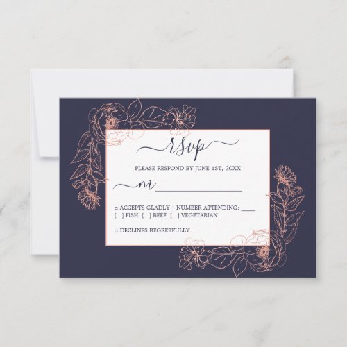 Chic Dark Blue Rose Gold Floral Outline Wedding RSVP Card