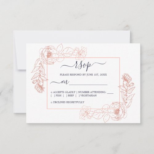 Chic Dark Blue Rose Gold Floral Outline Wedding RSVP Card