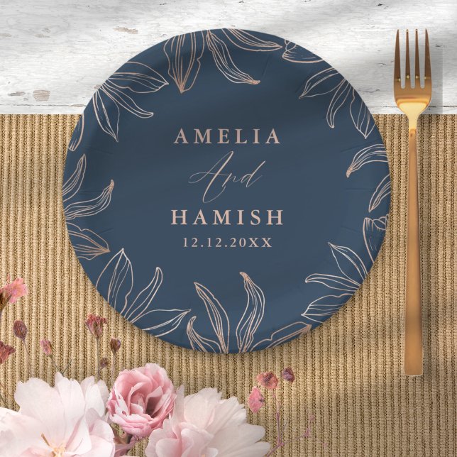Chic Dark Blue & Rose Gold Foliage Wedding Paper Plates (Creator Uploaded)